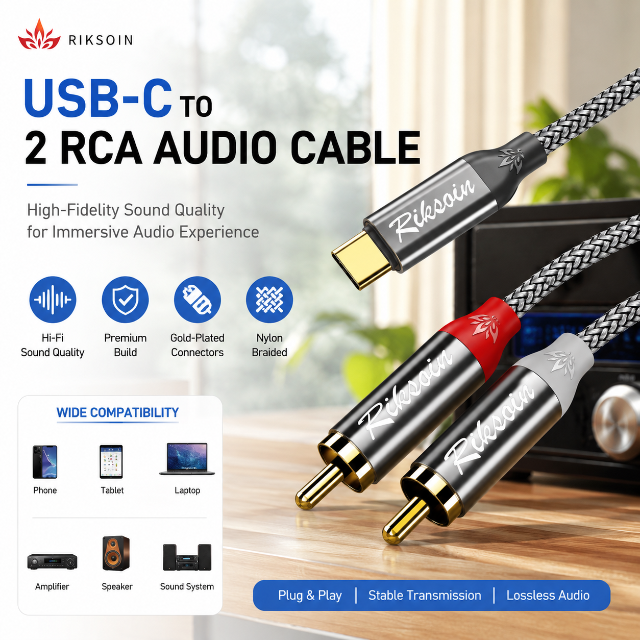 Audio Splitter Y - Riksoin USB C to RCA Audio